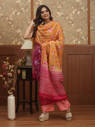 Rani Pink & Light Orange Rose-Kantha Tussar Silk Dress Material