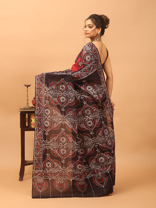 Red, Black & Ivory Pure Mul Cotton Saree with Shoru Tulir Hand Batik