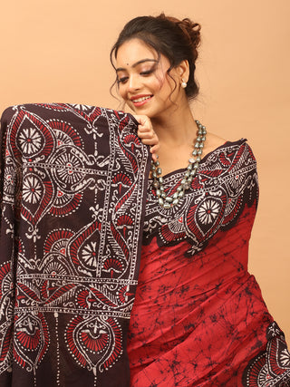 Red, Black & Ivory Pure Mul Cotton Saree with Shoru Tulir Hand Batik