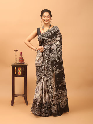 Black & Ivory Pure Mul Cotton Saree with Hand Batik depicting City of Joy, Kolkata