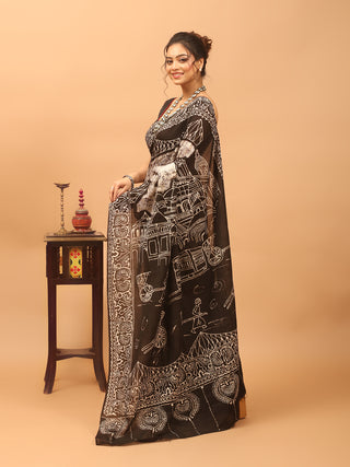 Black & Ivory Pure Mul Cotton Saree with Hand Batik depicting City of Joy, Kolkata