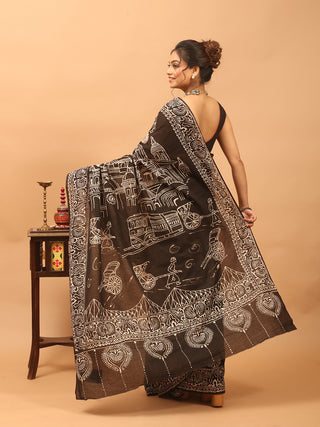 Black & Ivory Pure Mul Cotton Saree with Hand Batik depicting City of Joy, Kolkata