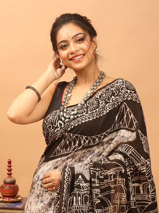 Black & Ivory Pure Mul Cotton Saree with Hand Batik depicting City of Joy, Kolkata