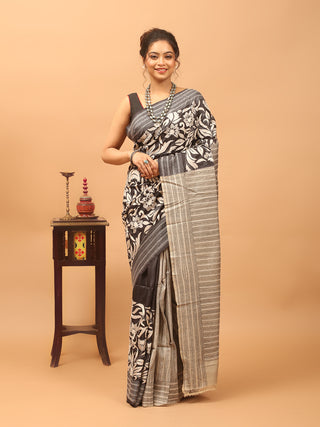 Black & Grey Paatli Pallu Pure Tussar Silk Saree with Hand Kantha Embroidery
