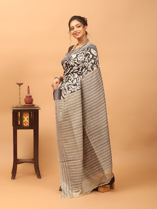 Black & Grey Paatli Pallu Pure Tussar Silk Saree with Hand Kantha Embroidery