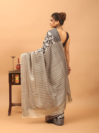 Black & Grey Paatli Pallu Pure Tussar Silk Saree with Hand Kantha Embroidery