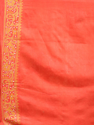 Olive Green & Tomato Red Pure Tussar Silk Saree with Hand Kantha Embroidery