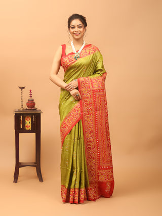 Olive Green & Tomato Red Pure Tussar Silk Saree with Hand Kantha Embroidery