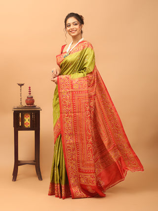 Olive Green & Tomato Red Pure Tussar Silk Saree with Hand Kantha Embroidery