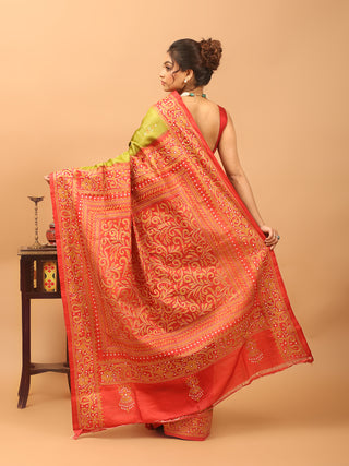 Olive Green & Tomato Red Pure Tussar Silk Saree with Hand Kantha Embroidery
