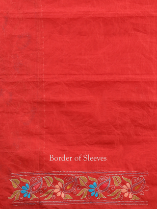 Vermilion Red Chanderi Silk Kurta Fabric with Hand Kantha Embroidery