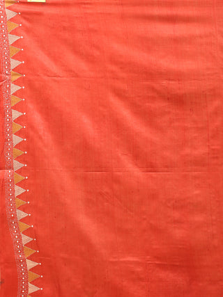 Brown & Brick Red Pure Tussar Silk Saree with Hand Kantha Embroidery