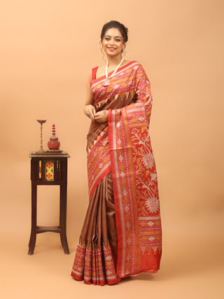 Brown & Brick Red Pure Tussar Silk Saree with Hand Kantha Embroidery
