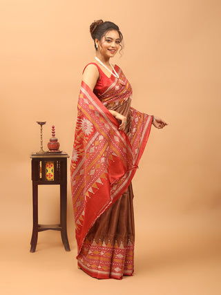 Brown & Brick Red Pure Tussar Silk Saree with Hand Kantha Embroidery