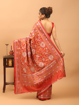 Brown & Brick Red Pure Tussar Silk Saree with Hand Kantha Embroidery