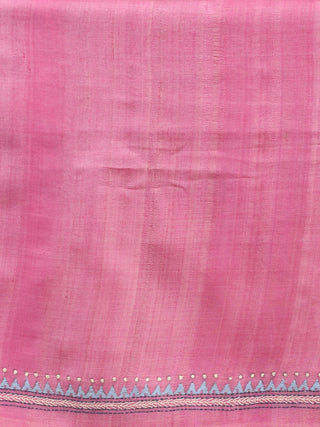 Mauvish Pink & Greyish Blue Paisley-Kantha Tussar Silk Dress Material