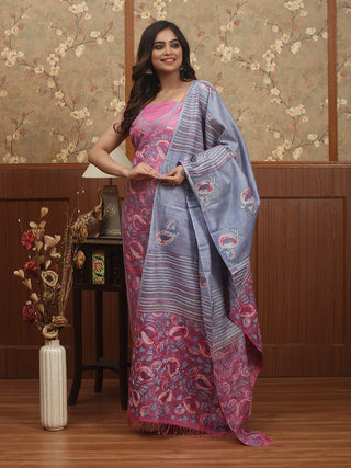 Mauvish Pink & Greyish Blue Paisley-Kantha Tussar Silk Dress Material