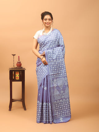 Lavender Blue Pure Tussar Silk Saree with Hand Gujarati Embroidery