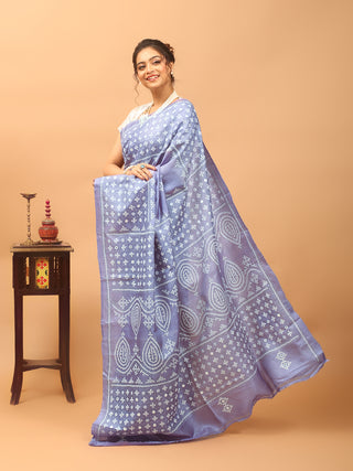 Lavender Blue Pure Tussar Silk Saree with Hand Gujarati Embroidery