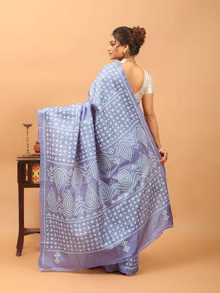Lavender Blue Pure Tussar Silk Saree with Hand Gujarati Embroidery