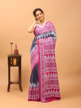 Charcoal Grey & Magenta Pure Tussar Silk Saree with Hand Kantha Embroidery