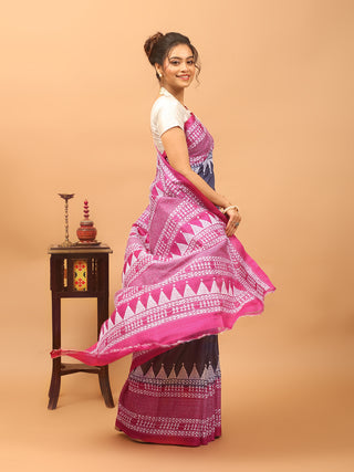 Charcoal Grey & Magenta Pure Tussar Silk Saree with Hand Kantha Embroidery