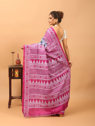 Charcoal Grey & Magenta Pure Tussar Silk Saree with Hand Kantha Embroidery