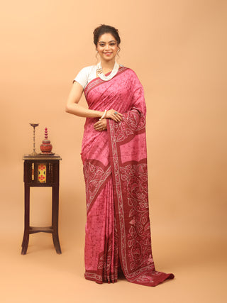 Rose Pink & Deep Maroon Pure Bangalore Silk Saree with Shoru Tulir Hand Batik