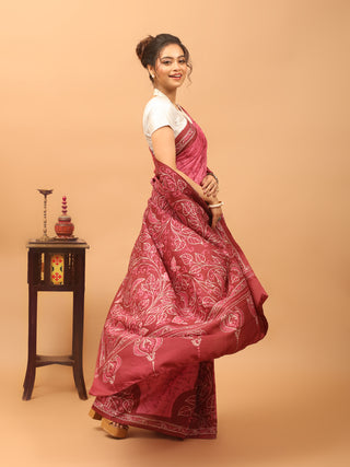Rose Pink & Deep Maroon Pure Bangalore Silk Saree with Shoru Tulir Hand Batik