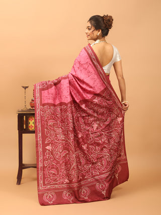 Rose Pink & Deep Maroon Pure Bangalore Silk Saree with Shoru Tulir Hand Batik