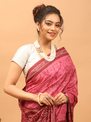 Rose Pink & Deep Maroon Pure Bangalore Silk Saree with Shoru Tulir Hand Batik