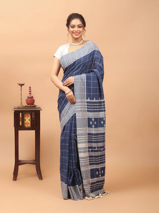 Indigo Checkered Bhujodi Kala Cotton Saree