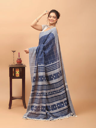 Indigo Checkered Bhujodi Kala Cotton Saree