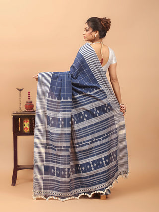 Indigo Checkered Bhujodi Kala Cotton Saree