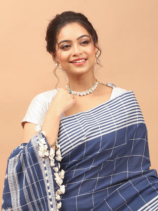 Indigo Checkered Bhujodi Kala Cotton Saree