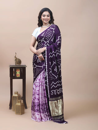 Deep Plum & Lilac Half-and-Half Hand Shibori Bandhani Modal Silk Saree