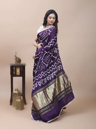 Deep Plum & Lilac Half-and-Half Hand Shibori Bandhani Modal Silk Saree