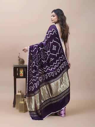 Deep Plum & Lilac Half-and-Half Hand Shibori Bandhani Modal Silk Saree