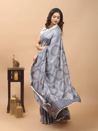 Meghambari – Steel Grey Pure Gajji Silk Saree with Hand Rai Bandhej