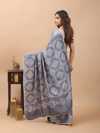 Meghambari – Steel Grey Pure Gajji Silk Saree with Hand Rai Bandhej