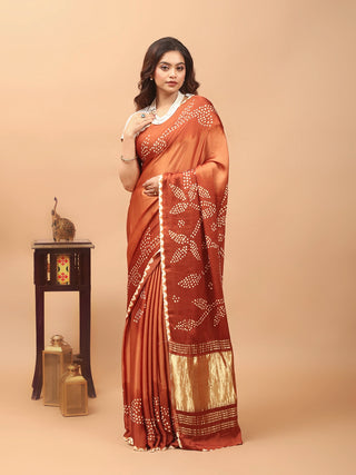 Burnt Rust Bandhani Modal Silk Saree with Lagdi Patta Pallu