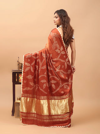 Burnt Rust Bandhani Modal Silk Saree with Lagdi Patta Pallu