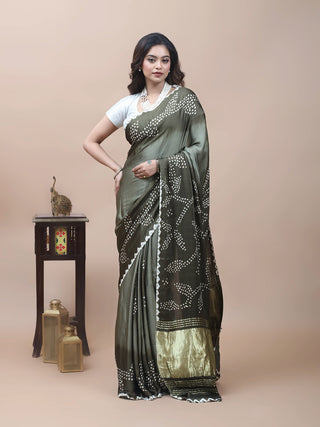 Olive Green Bandhani Modal Silk Saree with Lagdi Patta Pallu