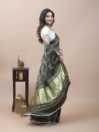 Olive Green Bandhani Modal Silk Saree with Lagdi Patta Pallu