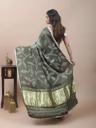 Olive Green Bandhani Modal Silk Saree with Lagdi Patta Pallu