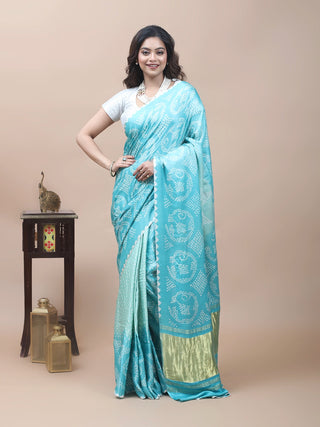 Neeranjana – Turquoise Blue Pure Gajji Silk Saree with Hand Rai Bandhej