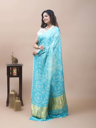Neeranjana – Turquoise Blue Pure Gajji Silk Saree with Hand Rai Bandhej