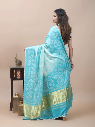 Neeranjana – Turquoise Blue Pure Gajji Silk Saree with Hand Rai Bandhej