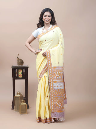 Handwoven Butter Yellow Assam Cotton Saree with Traditional Assamese Motif Border and Contrast Woven Blouse Piece