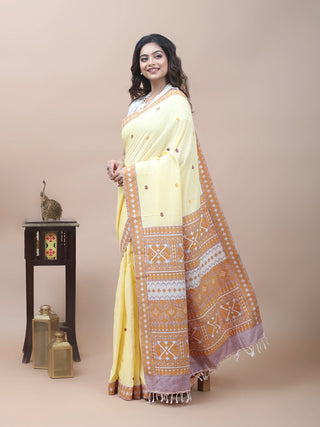 Handwoven Butter Yellow Assam Cotton Saree with Traditional Assamese Motif Border and Contrast Woven Blouse Piece